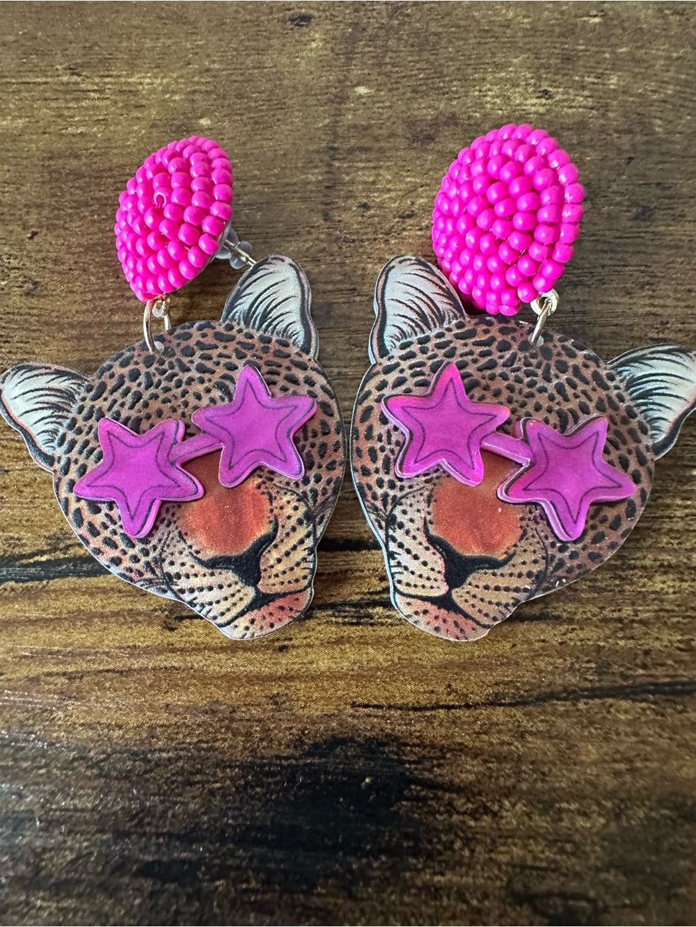 Pink Leopard Star-Eye Dangle Earrings - Playful Animal Jewelry 80s 90s Style NWT